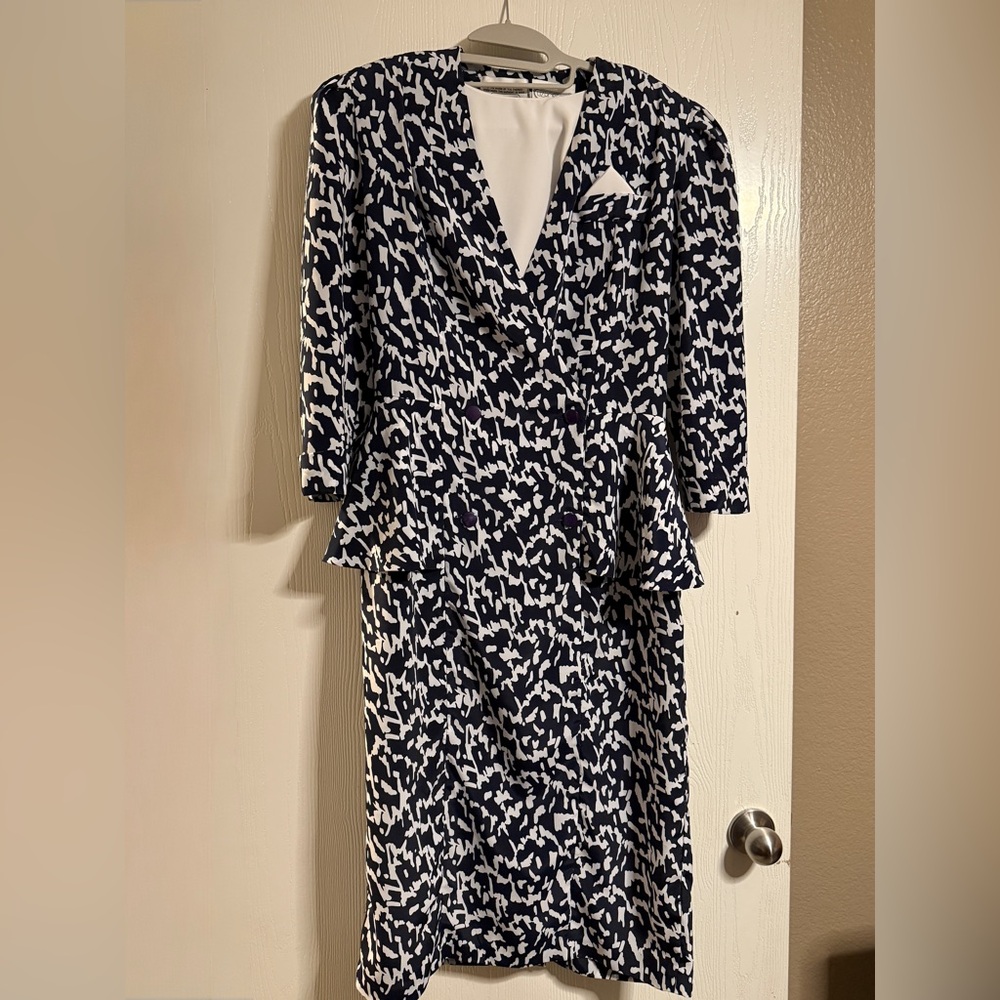Vintage 80’s Liz Roberts by Mary Ann Lamonte Peplum Navy/White Dress